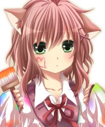 Rule 34 | 1girl, animal ears, blush, cat ears, green eyes, hair ornament, heart, looking at viewer, original, paint stains, paintbrush, pink hair, portrait, solo, white background, yamasuta