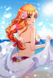 Rule 34 | 1girl, ass, bad id, bad pixiv id, bikini, bleach, blue sky, bow, braid, braided ponytail, breasts, brown eyes, cowboy shot, day, floating hair, floral print, flower, from behind, hair between eyes, hair bow, hair flower, hair ornament, holding, inoue orihime, large breasts, leaning forward, long hair, looking at viewer, looking back, ocean, open mouth, orange hair, pink bow, pink flower, print bikini, single braid, sky, solo, standing, swimsuit, umi (pixiv6861961), very long hair