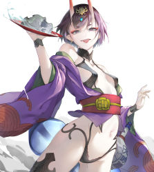 Rule 34 | 1girl, absurdres, alcohol, bare shoulders, black eyes, collarbone, cup, earrings, eyeshadow, fate/grand order, fate (series), highres, holding, holding cup, horns, japanese clothes, jewelry, joehongtee, long sleeves, makeup, navel, purple hair, red eyeshadow, red pupils, revealing clothes, sakazuki, sake, short eyebrows, short hair, shuten douji (fate), simple background, single earring, skin-covered horns, skull, solo, teeth, tongue, tongue out, upper teeth only, white background, wide sleeves