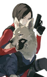 Rule 34 | 1girl, ada wong, animal, black footwear, black gloves, black hair, blue eyes, boots, commentary request, dog, feet out of frame, gloves, gun, half gloves, highres, holding, holding gun, holding weapon, long sleeves, looking at viewer, nine (liuyuhao1992), parted bangs, red shirt, resident evil, shirt, short hair, simple background, thigh boots, weapon, white background