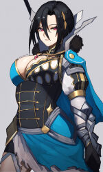 Rule 34 | 1girl, armor, armored collar, asymmetrical bangs, asymmetrical clothes, black hair, breasts, capelet, cleavage, cleavage cutout, clothing cutout, commentary request, expressionless, fire emblem, fire emblem engage, fur collar, gloves, highres, jewelry, juliet sleeves, large breasts, long sleeves, looking at viewer, necklace, nel (fire emblem), nintendo, parted bangs, puffy sleeves, red eyes, seinikuten, short hair, simple background, solo