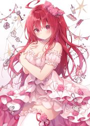 Rule 34 | 1girl, absurdres, ahoge, banned artist, bare shoulders, blush, breasts, cleavage, collarbone, cover image, cowboy shot, dress, female focus, flower, frilled dress, frilled thighhighs, frills, frown, hair between eyes, hair flower, hair ornament, highres, konomi (kino konomi), liar liar, long hair, looking at viewer, matching hair/eyes, medium breasts, novel illustration, official art, pink flower, pink rose, red eyes, red hair, rose, saionji sarasa, second-party source, solo, strapless, strapless dress, thighhighs, very long hair, white dress, white thighhighs