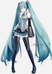 Rule 34 | 1girl, aqua eyes, aqua hair, aqua nails, aqua necktie, bare shoulders, belt, black skirt, black sleeves, black thighhighs, blouse, boots, commentary, contrapposto, dated, derivative work, detached sleeves, english commentary, full body, grey shirt, hair ornament, hatsune miku, headphones, headset, highres, liita (dusk snow), long hair, looking at viewer, miniskirt, nail polish, necktie, number tattoo, pleated skirt, shirt, shoulder tattoo, signature, skirt, sleeveless, sleeveless shirt, sleeves past wrists, smile, solo, standing, tattoo, thigh boots, thighhighs, twintails, very long hair, vocaloid, vocaloid boxart pose, zettai ryouiki