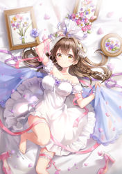 Rule 34 | 0v0 (l seohui), 1girl, absurdres, bare shoulders, barefoot, blush, braid, breasts, brown eyes, brown hair, closed mouth, collarbone, dress, flower, frills, highres, huge filesize, lace, large breasts, long hair, looking at viewer, lying, medium breasts, on back, original, ribbon, bad tag, shoes, unworn shoes, smile, solo, strapless, strapless dress, white dress, yellow eyes