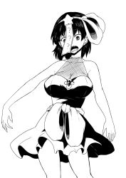 Rule 34 | 1girl, ?, absurdres, alternate costume, bare arms, bow, breasts, cleavage, commentary request, cowboy shot, drooling, fingernails, fishnets, greyscale, hair bow, highres, himajin noizu, large breasts, long fingernails, miyako yoshika, monochrome, open mouth, sharp fingernails, sharp teeth, short hair, simple background, solo, star (symbol), teeth, touhou, white background