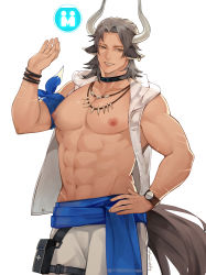 Rule 34 | 1boy, abs, absurdres, animal ears, arknights, bad id, bad pixiv id, bandana, bare pectorals, brown eyes, brown hair, clothes around waist, cow boy, cow ears, cow horns, cowboy shot, earrings, highres, hood, hoodie, horns, jewelry, ketanbakar, large pectorals, male focus, male swimwear, matterhorn (arknights), matterhorn (beach guard) (arknights), medium hair, muscular, muscular male, navel, necklace, nipples, official alternate costume, pectorals, shirt, shirt around waist, sleeveless, sleeveless hoodie, solo, stomach, swim trunks, swimsuit, tooth necklace, white hoodie, white male swimwear, white swim trunks