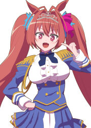 Rule 34 | 1girl, :d, animal ears, antenna hair, blue skirt, breasts, brown hair, center frills, commentary request, daiwa scarlet (umamusume), fang, frills, hair between eyes, hair intakes, hand on own hip, hand up, horse ears, juliet sleeves, kageyasu, large breasts, long hair, long sleeves, looking at viewer, open mouth, pleated skirt, puffy sleeves, red eyes, shirt, simple background, skirt, smile, solo, tiara, twintails, umamusume, very long hair, white background, white shirt