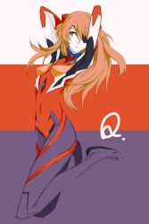 Rule 34 | 10s, 1girl, arms up, blue eyes, evangelion: 3.0 you can (not) redo, eyepatch, frown, grey background, interface headset, long hair, neon genesis evangelion, orange hair, parted bangs, plugsuit, rebuild of evangelion, red background, solo, souryuu asuka langley, utu (ldnsft), white background