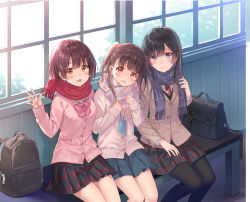 Rule 34 | 3:, 3girls, :d, absurdres, backpack, bag, bag charm, bench, black hair, blue scarf, blue skirt, blush, bow, bowtie, briefcase, brown hair, cardigan, charm (object), commentary request, fukahire (ruinon), girl sandwich, hair ornament, hairclip, hand on lap, hands on own chest, highres, jacket, loose bowtie, multiple girls, necktie, open mouth, original, outstretched hand, pantyhose, pink bow, pink cardigan, pink neckwear, plaid, plaid scarf, plaid skirt, red scarf, sandwiched, scarf, school briefcase, siblings, sisters, sitting, skirt, smile, two side up, unworn backpack, unworn bag, waving
