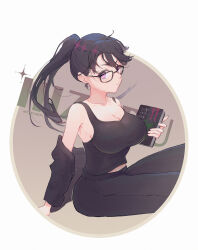 Rule 34 | 1girl, artist name, black-framed eyewear, black hair, black pants, book, breasts, character name, chyappi, cleavage, frown, glasses, highres, holding, holding book, jacket, jacket partially removed, large breasts, long hair, minakata hizuru, pants, ponytail, purple eyes, solo, summertime render