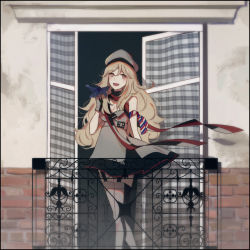 Rule 34 | 10s, 1girl, armband, bad id, bad pixiv id, balcony, bare shoulders, beret, blonde hair, blue flower, blush, breasts, cleavage, curtains, flower, garter straps, hat, kantai collection, long hair, mitar, mole, mole under eye, open mouth, plaid, plaid curtains, pom pom (clothes), richelieu (kancolle), skirt, smile, solo, thighhighs, window, yellow eyes