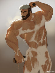 Rule 34 | 1boy, abs, absurdres, bara, beard, black hair, breath, chest hair, completely nude, convenient censoring, facial hair, feet out of frame, hairy, highres, large pectorals, leg hair, male focus, mature male, muscular, muscular male, navel, nude, o2h (oblivionh), original, pectorals, short hair, showering, sideburns, soap bubbles, soap censor, solo, standing, stomach, thick eyebrows, thick thighs, thighs, veins, veiny arms, wet
