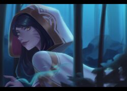 Rule 34 | 1girl, ahri (league of legends), alternate costume, artist name, black hair, blurry, blurry foreground, cape, closed mouth, dani (dalianae), facial mark, green background, hand up, highres, hood, hood up, hooded cape, league of legends, long hair, portrait, red lips, smile, watermark, whisker markings, white cape