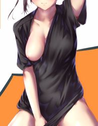 Rule 34 | 1girl, aotsuki kaoru, arm up, bad id, bad twitter id, black shirt, blush, breasts, brown hair, character request, closed mouth, collarbone, copyright request, large breasts, long hair, naked shirt, nipple slip, nipples, one breast out, shirt, shirt tug, side ponytail, sidelocks, smile, solo, thighs