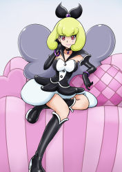 Rule 34 | 10s, 1girl, bakusai, black gloves, blonde hair, boots, choker, couch, elbow gloves, full body, gloves, hair ribbon, happinesscharge precure!, knee boots, precure, queen mirage, red eyes, ribbon, short hair, sitting, skirt, smile, solo