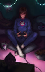 Rule 34 | 1girl, absurdres, adapted costume, anastasia mitasova, animal print, blue pajamas, blue pants, blue shirt, bowl, breasts, brown eyes, brown hair, casual, controller, cookie, crossed legs, cup, d.va (overwatch), facepaint, facial mark, food, full body, game controller, headphones, headphones removed, highres, holding, indoors, lips, long hair, long sleeves, looking at viewer, md5 mismatch, mug, nose, on pillow, overwatch, overwatch 1, pachimari, pajamas, pants, parted lips, pillow, pink lips, pizza box, playing games, poster (object), rabbit print, shirt, sitting, small breasts, socks, solo, string lights, stuffed animal, stuffed octopus, stuffed toy, swept bangs, television, whisker markings, white socks