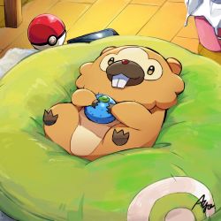 Rule 34 | ayo (ayosanri009), berry (pokemon), bidoof, brown eyes, cellphone, closed mouth, commentary request, creatures (company), game freak, gen 4 pokemon, holding, indoors, lying, nintendo, no humans, on back, oran berry, phone, poke ball, poke ball (basic), pokemon, pokemon (creature), signature, smile, solo, wooden floor