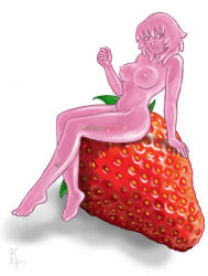 Rule 34 | 1girl, arm up, breasts, colored skin, food, fruit, mini person, minigirl, monster girl, nipples, nude, pink eyes, pink hair, pink skin, see-through, short hair, sitting, slime girl, solo, strawberry