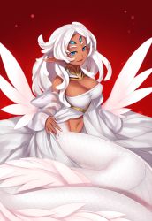 Rule 34 | 1girl, bandeau, blue eyes, breasts, cleavage, cleavage cutout, clothing cutout, dark skin, dark-skinned female, extra eyes, forehead jewel, hazuki gean, lamia, large breasts, long hair, looking at viewer, monster girl, navel, original, pixiv fantasia, pixiv fantasia new world, pointy ears, scales, smile, solo, white hair, wings