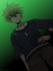 Rule 34 | 1boy, amami rantaro, antenna hair, artist name, black background, bracelet, brown pants, collarbone, danganronpa (series), danganronpa v3: killing harmony, dutch angle, ear piercing, earrings, from below, frown, green background, green eyes, green hair, hair between eyes, hand on own hip, jewelry, looking at viewer, messy hair, necklace, pants, piercing, ring, shirt, short hair, solo, striped clothes, striped shirt, suiren yurei