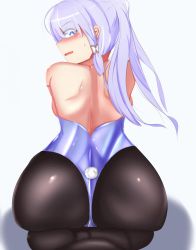 Rule 34 | 1girl, absurdres, alternate costume, ass, austsue, ayaka (genshin impact), bare shoulders, blue eyes, blush, embarrassed, from behind, genshin impact, hair tubes, highres, huge ass, leotard, long hair, looking back, looking down, open mouth, pantyhose, playboy bunny, ponytail, purple hair, rabbit tail, shiny clothes, shiny skin, sitting, solo, tail, thong leotard