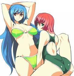 Rule 34 | 2girls, armpits, ass, back, bikini, blue hair, breasts, competition swimsuit, duplicate, green bikini, green eyes, green one-piece swimsuit, long hair, multiple girls, one-piece swimsuit, original, red eyes, red hair, ryuuta, ryuuta (msxtr), smile, swimsuit, white background