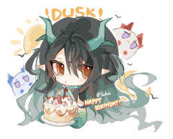 Rule 34 | 1girl, :o, aqua hair, arknights, bare arms, black hair, brown eyes, cake, candle, character name, chibi, commentary request, cropped torso, dragon bubble (arknights), dragon horns, dusk (arknights), fire, food, happy birthday, highres, holding, holding plate, horns, lava (arknights), looking at viewer, multicolored hair, nian (arknights), parted lips, plate, shahai, solo focus, streaked hair, sun symbol, twitter username, upper body