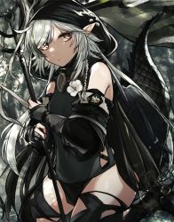 Rule 34 | 1girl, absurdres, arknights, black dress, black thighhighs, crocodilian tail, dress, highres, large tail, looking at viewer, pointy ears, short dress, silver hair, solo, swept bangs, tail, thighhighs, tomimi (arknights), tsyn