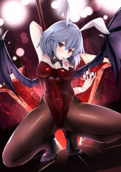 Rule 34 | 1girl, animal ears, arm behind head, bare arms, bat wings, black footwear, black pantyhose, blue hair, breasts, card, cleavage, fishnet pantyhose, fishnets, highres, holding, holding weapon, leotard, looking at viewer, medium breasts, mouth hold, pantyhose, playboy bunny, playing card, poker chip, rabbit ears, red eyes, red leotard, remilia scarlet, shoes, sinkai, solo, spear the gungnir, spread legs, squatting, touhou, weapon, wings