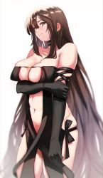 Rule 34 | 1girl, absurdres, arm strap, bare shoulders, black dress, black gloves, blush, breasts, brown eyes, brown hair, center opening, choker, cleavage, collarbone, dress, earrings, elbow gloves, fate/grand order, fate (series), gloves, highres, jewelry, large breasts, long hair, multiple earrings, navel, ribbon-trimmed dress, shibao aoyama, solo, very long hair, yu mei-ren (fate)