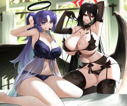 Rule 34 | 2girls, absurdres, alternate breast size, armpits, arms up, babydoll, bare legs, black bra, black gloves, black hair, black panties, black thighhighs, black wings, blue archive, blush, bow, bow bra, bra, breasts, candy, casul, chocolate, chocolate heart, chocolate on face, choker, cleavage, commentary, elbow gloves, english commentary, feathered wings, food, food in mouth, food on body, food on face, garter belt, gloves, hair between eyes, halo, hasumi (blue archive), heart, highres, huge breasts, indoors, lace, lace-trimmed bra, lace-trimmed panties, lace trim, large breasts, large wings, lingerie, long hair, looking at viewer, low wings, mixed-language commentary, mole, mole under eye, mouth hold, multiple girls, navel, one side up, panties, purple bra, purple eyes, purple hair, purple panties, red eyes, side-tie panties, smile, string bra, string panties, thighhighs, underwear, underwear only, very long hair, window, wings, yuuka (blue archive)
