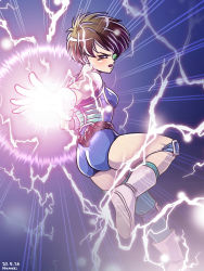 Rule 34 | 1girl, alternate color, armor, artist request, ass, bare shoulders, black hair, boots, breastplate, breasts, curvy, dated, dragon ball, dragonball z, energy beam, green-tinted eyewear, highres, leotard, lightning, looking at viewer, looking back, scouter, seripa, shiny clothes, short hair, solo, tail, thick thighs, thighs, tinted eyewear