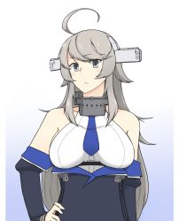 Rule 34 | 1girl, :&lt;, ahoge, black jacket, blue necktie, breasts, closed mouth, gradient background, grey eyes, grey hair, hamu koutarou, hand on own hip, headgear, highres, jacket, kantai collection, large breasts, long hair, long sleeves, necktie, off shoulder, shirt, sidelocks, simple background, sleeveless, sleeveless shirt, solo, upper body, washington (kancolle), white shirt