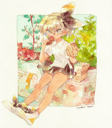 Rule 34 | 1girl, bad id, bad pixiv id, bag, bea (pokemon), black hairband, blonde hair, blush, bow hairband, collared shirt, commentary, covering own mouth, creatures (company), dark-skinned female, dark skin, day, doughnut, drinking straw, eyelashes, food, game freak, hair between eyes, hairband, hands up, highres, holding, holding carton, holding food, knees, looking at viewer, nintendo, official alternate costume, oharu-chan, painting (medium), paper bag, pleated skirt, pokemon, pokemon swsh, school uniform, shiny skin, shirt, shoes, short sleeves, sitting, skirt, solo, traditional media, watercolor (medium), white shirt