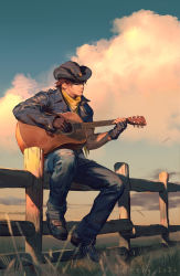 Rule 34 | 1boy, aged down, bandana, black gloves, blurry, blurry foreground, brown hair, cassidy (overwatch), closed eyes, closed mouth, cloud, cloudy sky, cowboy hat, denim, facial hair, fence, fingerless gloves, full body, gloves, grey jacket, guitar, hage2013, hair between eyes, hands up, hat, highres, holding, holding instrument, instrument, jacket, jeans, leather, leather jacket, long sleeves, male focus, music, official alternate costume, outdoors, overwatch, overwatch 1, pants, playing instrument, rehg 2020, short hair, sitting, sky, sleeves rolled up, solo, stubble, sunlight, tattoo, torn clothes