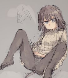 Rule 34 | 1girl, aged down, anabuki tomoko, black pantyhose, blue eyes, brown hair, elizabeth f. beurling, gradient background, long hair, ohashi (hashidate), panties, panties under pantyhose, pantyhose, ribbed sweater, sketch, solo, spread legs, strike witches, strike witches: suomus misfits squadron, sweater, underwear, white panties, world witches series