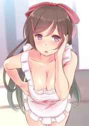 Rule 34 | 10s, 1girl, apron, bow, breasts, brown hair, cleavage, collarbone, hair bow, hair ornament, hairclip, hand on own cheek, hand on own face, highres, kantai collection, large breasts, leaning forward, long hair, mamiya (kancolle), naked apron, purple eyes, solo, very long hair, wa (genryusui)
