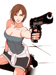 Rule 34 | 1girl, aiming, aiming at viewer, arm at side, arm support, arm up, bare arms, bare legs, bare shoulders, black gloves, black skirt, blue eyes, blue tube top, boots, breasts, brown footwear, brown hair, capcom, cleavage, closed mouth, collarbone, female focus, fingerless gloves, gloves, gun, holding, holding gun, holding weapon, jill valentine, legs, lips, lipstick, looking at viewer, makeup, medium breasts, neck, on floor, pencil skirt, pink lips, resident evil, resident evil 3, resident evil 3: nemesis, sardine (artist), seiza, short hair, simple background, sitting, skirt, solo, strapless, sweater, swept bangs, tile floor, tiles, tube top, weapon, white background