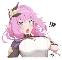 Rule 34 | !?, 1girl, :o, artist name, blue eyes, breasts, cleavage, cleavage cutout, clothing cutout, cropped torso, elf, elysia (honkai impact), elysia (miss pink elf) (honkai impact), hair ornament, highres, honkai (series), honkai impact 3rd, large breasts, long hair, looking at viewer, open mouth, pink hair, pointy ears, shrug (clothing), signature, simple background, sohugh2, solo, upper body, white background