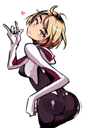 Rule 34 | 1girl, ass, atori (lh1rbyl0ccyy5bz), blonde hair, blue eyes, bodysuit, female focus, from behind, gwen stacy, head tilt, heart, highres, hood, leaning forward, looking at viewer, looking back, marvel, simple background, solo, spider-gwen, spider-man: into the spider-verse, spider-man (series), spider-verse, white background