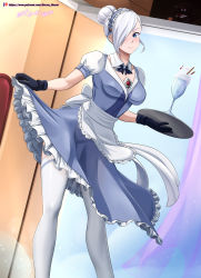Rule 34 | 1girl, absurdres, apron, artist name, black gloves, blue eyes, breasts, cleavage, clothes lift, feet out of frame, food, glass, gloves, hair bun, hair over one eye, highres, ice cream, indoors, maid, maid apron, maid headdress, medium breasts, patreon username, photoshop (medium), pulled by self, rwby, short sleeves, single hair bun, skirt, skirt lift, solo, standing, sundae, thighhighs, thighs, tray, vilde loh hocen, watermark, white hair, winter schnee