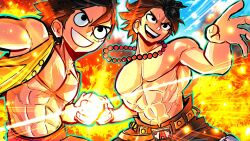 Rule 34 | 2boys, abs, bare shoulders, bead necklace, beads, belt, black eyes, black hair, blue sky, brothers, clenched hand, cloud, collarbone, embers, emphasis lines, fire, freckles, highres, jewelry, male focus, monkey d. luffy, multiple boys, muscular, muscular male, necklace, one piece, open clothes, open mouth, open shirt, portgas d. ace, scar, scar on face, shirt, siblings, sky, sleeveless, smile, sonchapo, topless male, yellow shirt