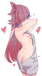 Rule 34 | 1girl, absurdres, arm up, armpits, ass, back, backless dress, backless outfit, bare back, blush, breasts, closed mouth, dress, fingernails, green eyes, grey sweater, hair ornament, hair over one eye, hairclip, halterneck, heart, highres, indie virtual youtuber, long hair, looking at viewer, looking back, meme attire, mole, mole under mouth, multicolored hair, nagisa ikuno, naked sweater, parted bangs, pink hair, sideboob, simple background, sleeveless, sleeveless sweater, sleeveless turtleneck, smile, solo, sweater, sweater dress, takami masahiro, turtleneck, twisted torso, very long hair, virgin killer sweater, white background