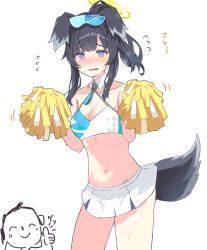 Rule 34 | 1boy, 1girl, animal ears, doodle sensei (blue archive), black hair, blue archive, blue eyes, blush, breasts, bright pupils, cheerleader, cleavage, commentary request, dog ears, dog girl, dog tail, halo, hibiki (blue archive), hibiki (cheer squad) (blue archive), highres, medium breasts, millennium cheerleader outfit (blue archive), pleated skirt, pom pom (cheerleading), ponytail, sensei (blue archive), skirt, solo focus, star (symbol), sticker on face, sweat, tail, tearing up, thumbs up, wavy mouth, white pupils, youyoukai