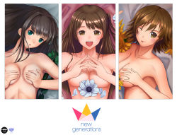 Rule 34 | 10s, 3girls, bad id, bad pixiv id, breasts, brown eyes, brown hair, covering privates, covering breasts, flower, honda mio, idolmaster, idolmaster cinderella girls, idolmaster million live!, j orange, large breasts, long hair, looking at viewer, medium breasts, multiple girls, new generations, one eye closed, one side up, open mouth, shibuya rin, shimamura uzuki, short hair, smile, tongue, tongue out