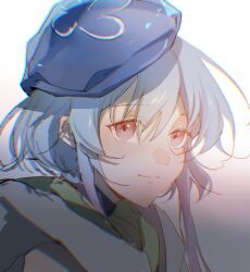 Rule 34 | 1boy, arknights, beret, blue hair, blue hat, closed mouth, gradient background, grey background, hat, highres, hood, hood up, lan2546426, looking at viewer, male focus, mizuki (arknights), pink eyes, smile, solo, tilted headwear, upper body, white background