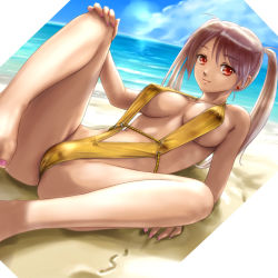 Rule 34 | 1girl, barefoot, beach, breasts, brown hair, cameltoe, cloud, day, earrings, jewelry, large breasts, long hair, long legs, lying, nail polish, ocean, original, outdoors, pink nails, rasukaru, red eyes, sky, slingshot swimsuit, smile, solo, spread legs, swimsuit, twintails
