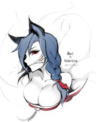 Rule 34 | + +, 1girl, ahri (league of legends), ahri (league of legends) (cosplay), animal ears, bare shoulders, blue hair, braid, breasts, cleavage, cleave gag, cloth gag, cosplay, detached sleeves, eyepatch, female focus, fox ears, fox tail, gag, gagged, hair over one eye, improvised gag, large breasts, laura post, league of legends, looking at viewer, multiple tails, ng (kimjae737), red eyes, scar, side braid, single braid, skullgirls, solo, tail, valentine (skullgirls), voice actor connection
