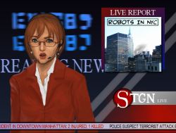 Rule 34 | 1girl, artist request, concept art, english text, glasses, headset, lipstick, looking at viewer, makeup, news, newscaster, original, red hair, rpg maker, solo, tagme, text focus