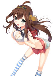 Rule 34 | 10s, 1girl, ahoge, alternate costume, backpack, bag, blush, breasts, brown hair, bursting breasts, butt crack, cleavage, clothes lift, crop top, grey eyes, kantai collection, kongou (kancolle), large breasts, long hair, open mouth, panties, skirt, skirt lift, socks, solo, striped clothes, striped panties, striped socks, striped thighhighs, thighhighs, totto, underboob, underwear, upskirt, wind, wind lift